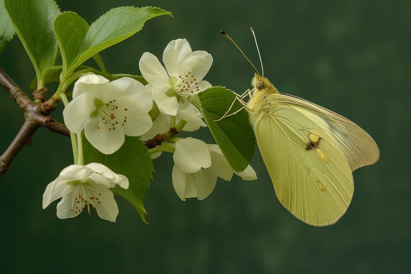 Photo d'un papillon jaune pâle se reposant sur des fleurs blanches par Joriali photographie et peintures