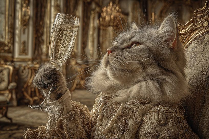 Portrait of a Cat with Champagne - Elegant Old Masters Painting by Joriali photography and paintings