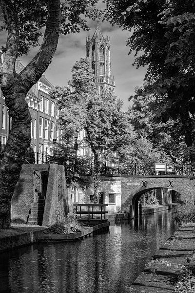Der Dom von Utrecht in Schwarz-Weiß von der Nieuwegracht aus gesehen von André Blom Fotografie Utrecht