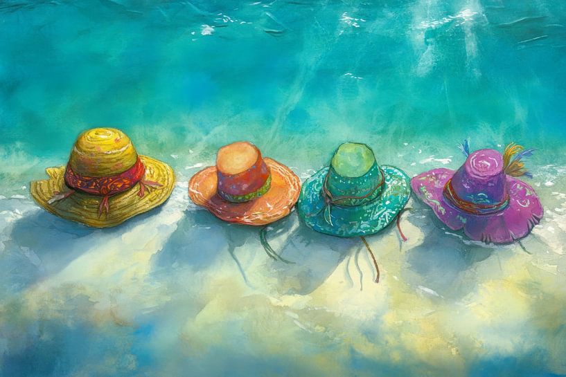 Peinture avec quatre chapeaux colorés sur la plage par Dessins et peintures de Peter Pen