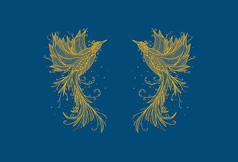 Golden Phoenix Twins Blue by Sebastian Grafmann