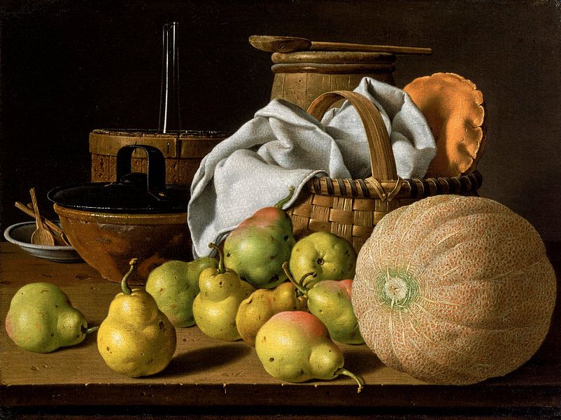 Stilleben mit Melone und Birnen, Luis Eugenio Meléndez von Meisterhafte Meister