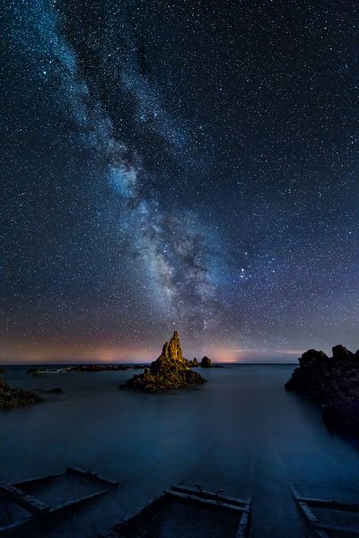 Michstrasse and stars at the sea in Spain in a clear summer night. by Voss photography