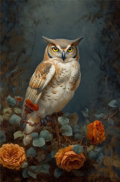 American Eagle Owl among Full Roses by Emil Husstege