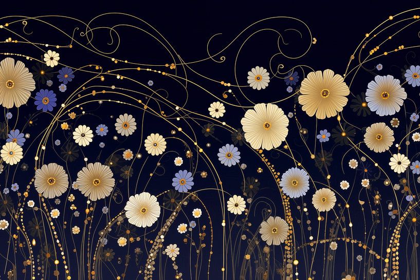 Fleurs dorées et bleues sur fond sombre par Whale & Sons