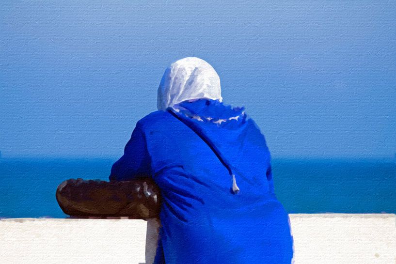 Painting of a veiled woman looking out over the ocean by Eye on You