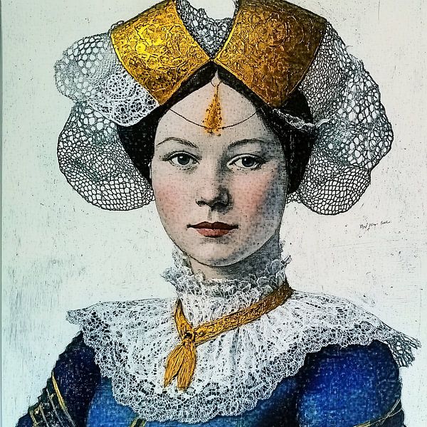 Portrait de femme en bleu et blanc par Vlindertuin-Art