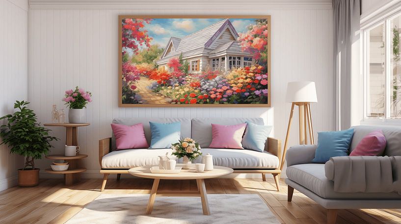 Modern living room in a house with spring-like painting, white couch and modern furniture by Animaflora PicsStock