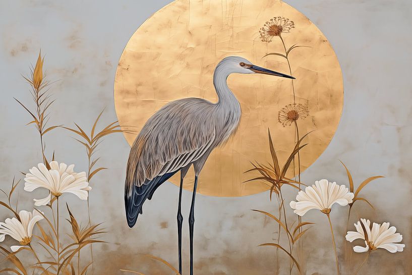 Japandi, grue et lune d'or par Caroline Guerain