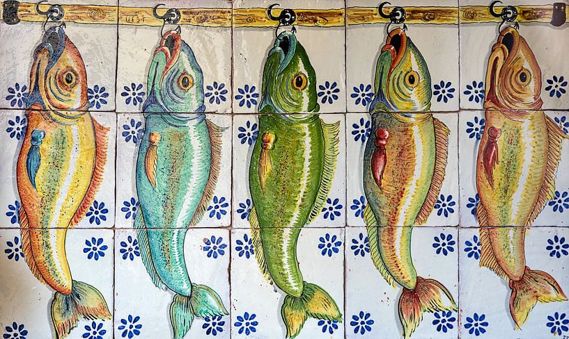 Antikes Fliesentableau mit Fischen von Joost Adriaanse