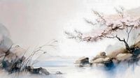 ZEN  schilderij: Japans landschap met sakura boom.