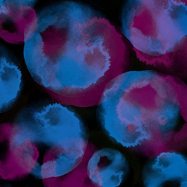 Neon-Kunst. Aquarellierte organische Formen in schwarz, kobaltblau, lila von Dina Dankers