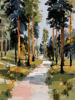 Sunny pine forest with hiking trail