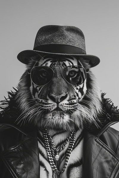 Tigre avec casquette et lunettes de soleil en noir et blanc par Poster Art Shop