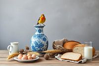 Delfter Blau Stillleben mit Brot, Vase und Vogel
