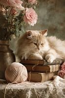Romantisches Stillleben mit Katze, Büchern und Blumen