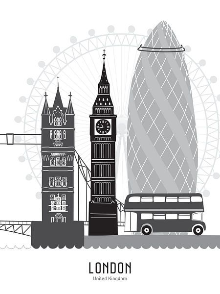 Skyline-Illustration der Stadt London in schwarz-weiß-grau von Mevrouw Emmer