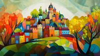 bunte Stadt mit Schloss im Herbst naiv
