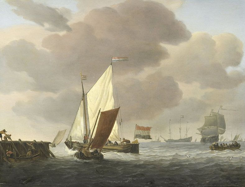Navires au large de la côte par forte brise, Willem van de Velde (II), ca. 1650 - ca. 1707 par Schilders Gilde