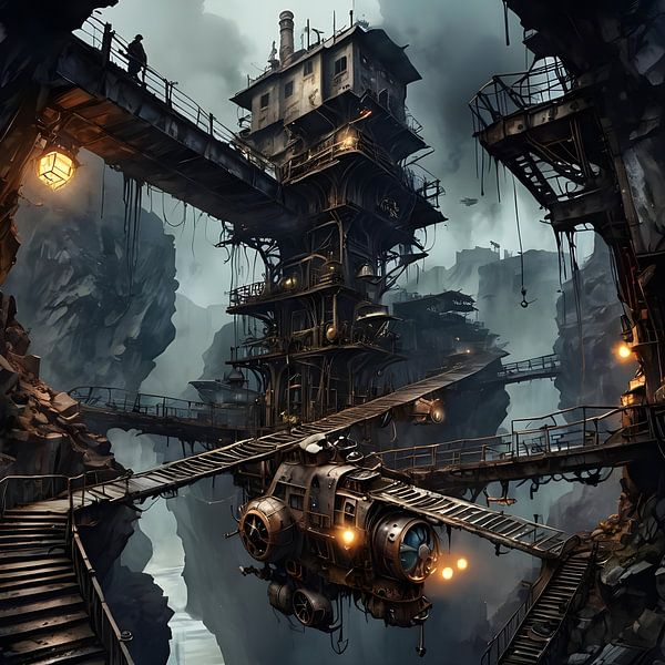 Bridges between fantastic industrial buildings, steampunk by Nick Wendt
