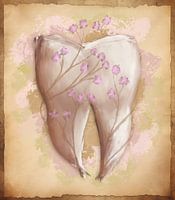 Gemälde Zahn & Blumen. Vintage Stil. Zahnmedizin, Zahnarztpraxis, zahnärztliche Assistentin.