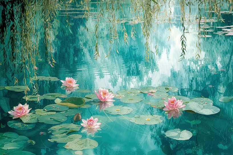 Water Lilies in Blue-Green – Serene Painting by Joriali photography and paintings