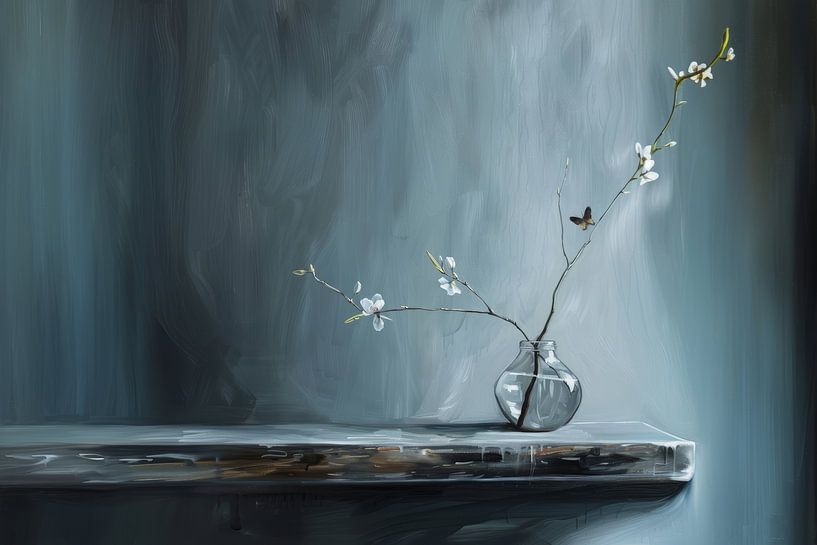 Stilleben mit einer Blüte und einem Schmetterling in Blau und Weiß von Japandi Art Studio