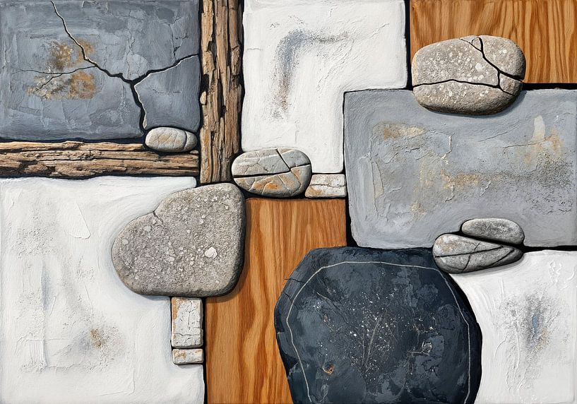 Composition abstraite de roches, de bois et de blocs texturés par Markus Gann