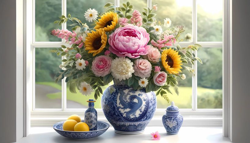 Klassieke blauw-witte vaas: levendige mix van bloemen van Sanne den Engelsman