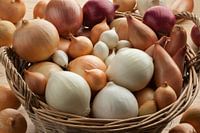 Panier contenant de nombreux types d'oignons, gros plan