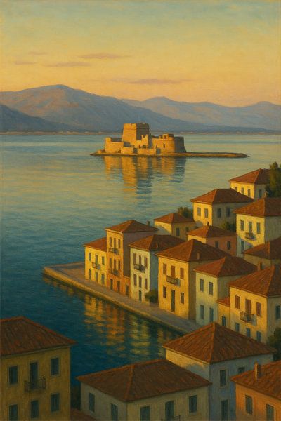 Nafplio Evening Serenity – Light on Bourtzi Castle by Travel Shop