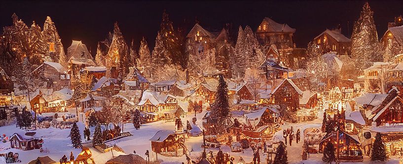 Panorama Small Christmas Village in Winter Dress Illustration by Animaflora PicsStock