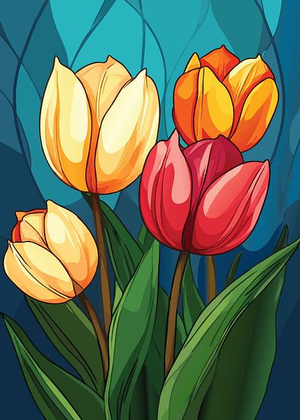 Des tulipes colorées sur fond bleu par Pixelbull Design