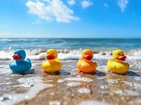 Des canards en caoutchouc colorés partent à la plage