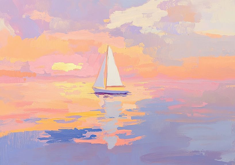 Segelboot Ozean Meer Natur Sonnenuntergang Fauvismus Pastell von Niklas Maximilian