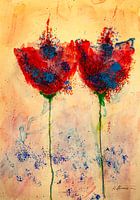 Two red blue poppies with long stems