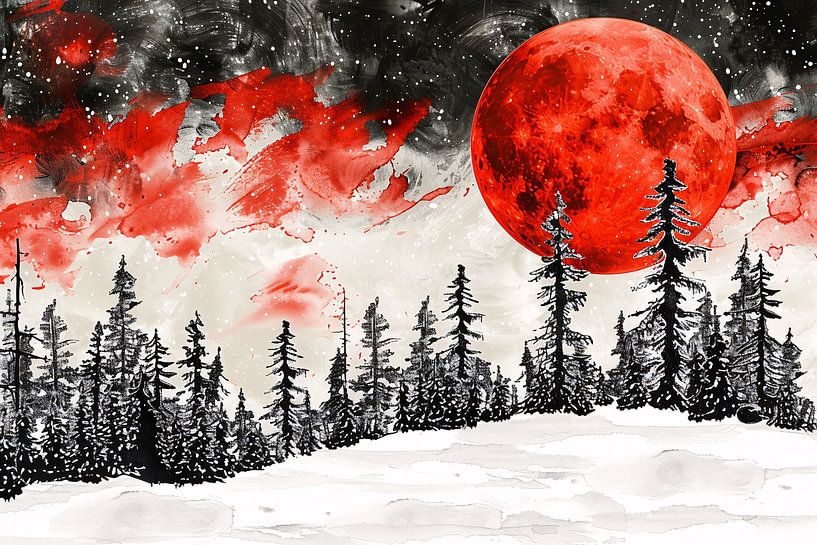 Surreale Winterlandschaft mit rotem Mond von Art & Soul Creations
