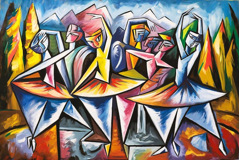 Kubistische dansers in kleurrijk landschap van Art & Soul Creations