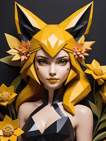 Low poly floral fox girl, black and yellow by 1xMerch