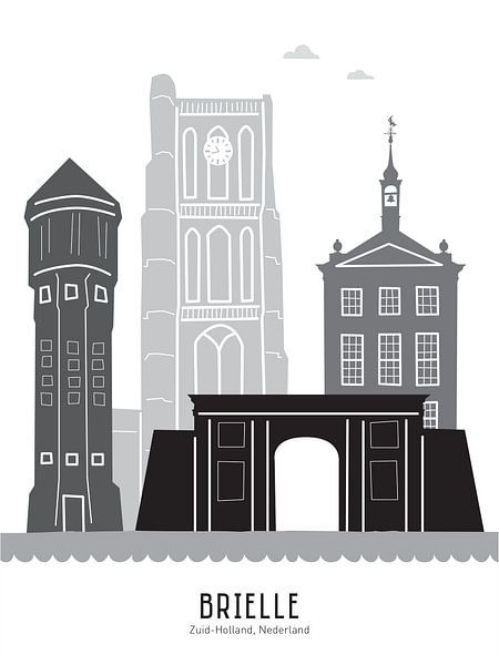 Skyline illustration Brielle in black-and-white-grey by Mevrouw Emmer