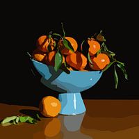 Still life with tangerines in a fruit bowl on a table