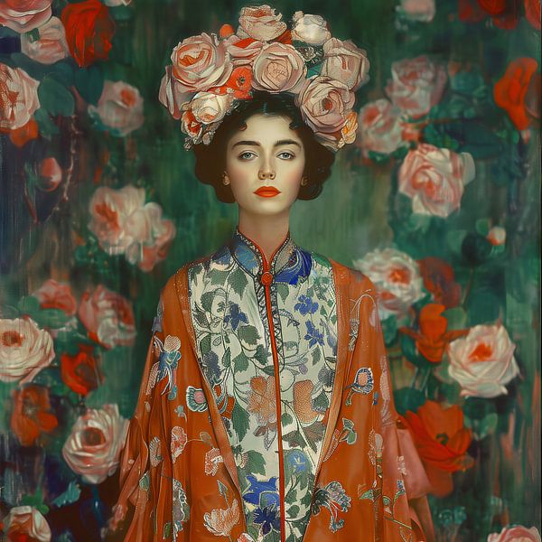 Elegante Frau im traditionellen Kimono, umgeben von Blumen von Glitzy Fusion Frames