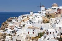 Santorini, Greece - August 5, 2021: Santorini island holiday travel town Oia on the Mediterranean Se