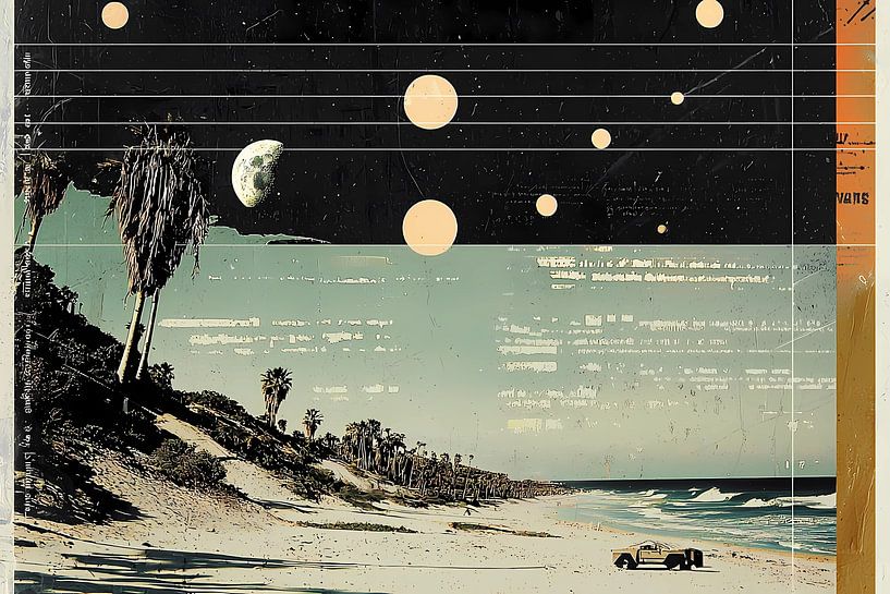 Stylish retro poster of the future. Evening coast. by Ariadna de Raadt-Goldberg