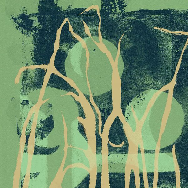 Gras in geel op groen en zwart. Abstract botanisch. van Dina Dankers