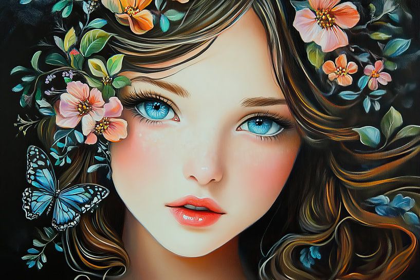 Girl flowers | Girl with big eyes by Eye catching paintings
