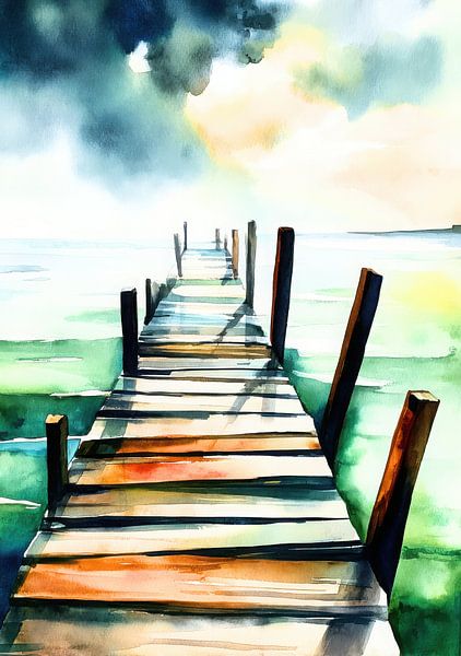 Steg ins Wasser – Aquarell Landschaft von Niklas Maximilian