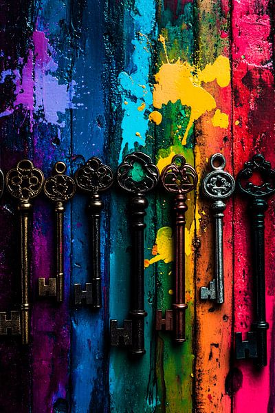 Antique keys and colourful art by Art & Soul Creations