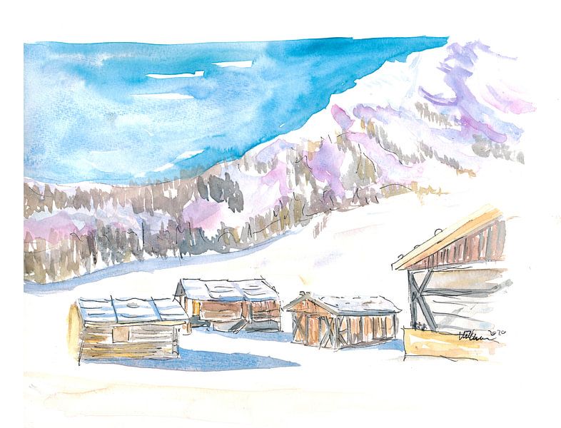 Rustic Alpine mountain huts in the snow by Markus Bleichner
