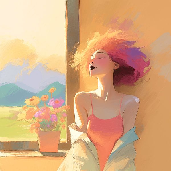 Femme à la fenêtre avec des fleurs par Karina Brouwer